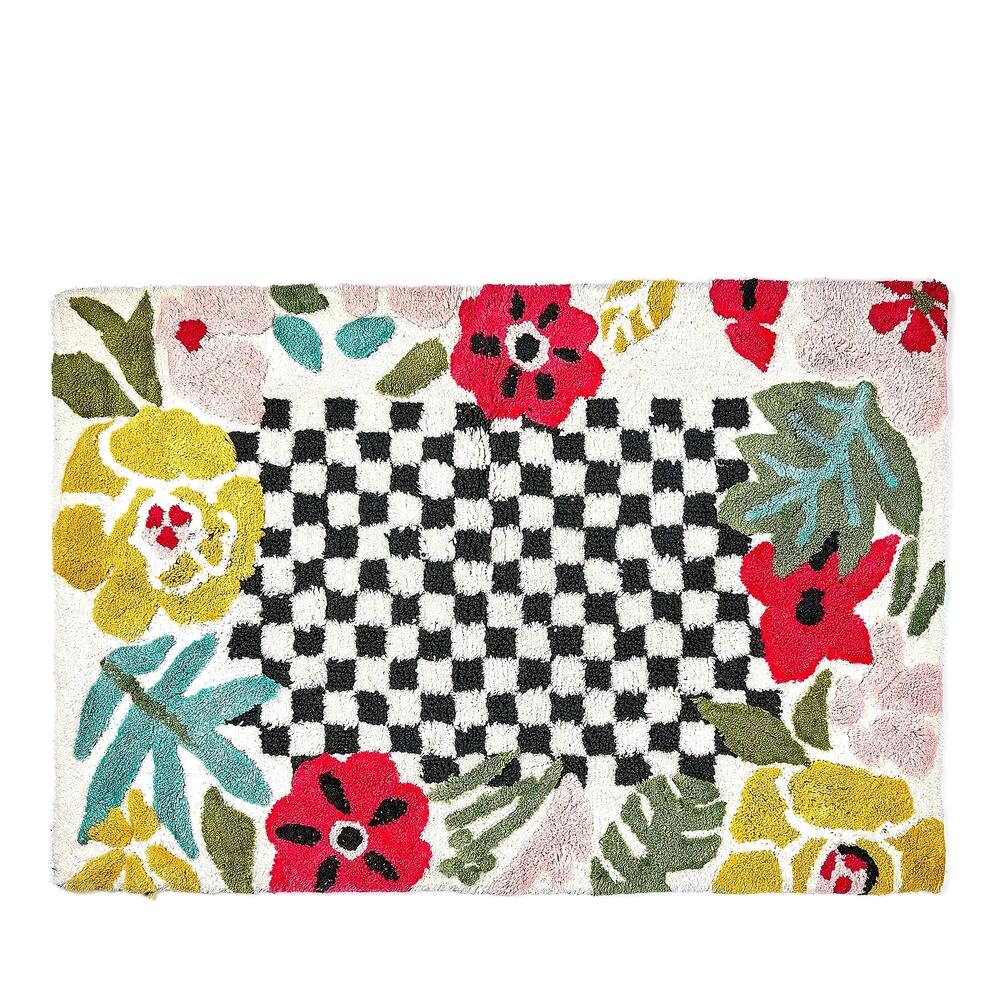 NEW MacKenzie-Childs Flower Checkerboard Bath Rug 100% Cotton 24" x 36"